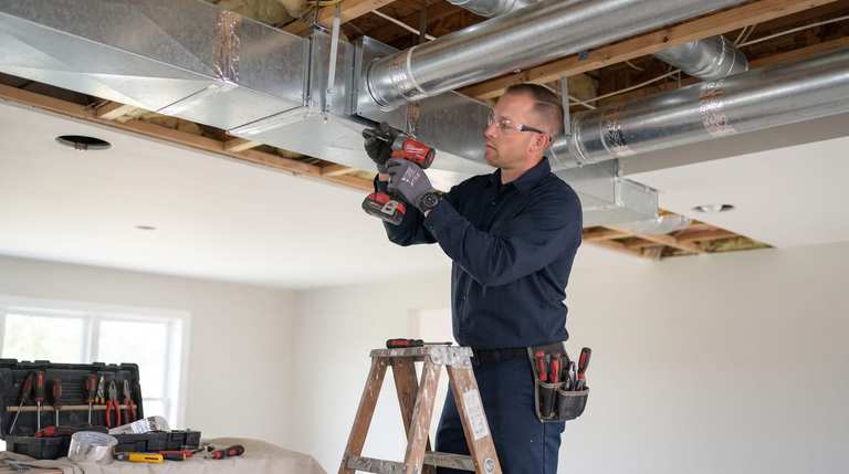 A technician works on ceiling ductwork through an open drywall section, insulation exposed in a residential renovation.