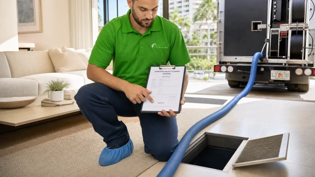 Air duct cleaning technician reviews service report with customer in modern home.