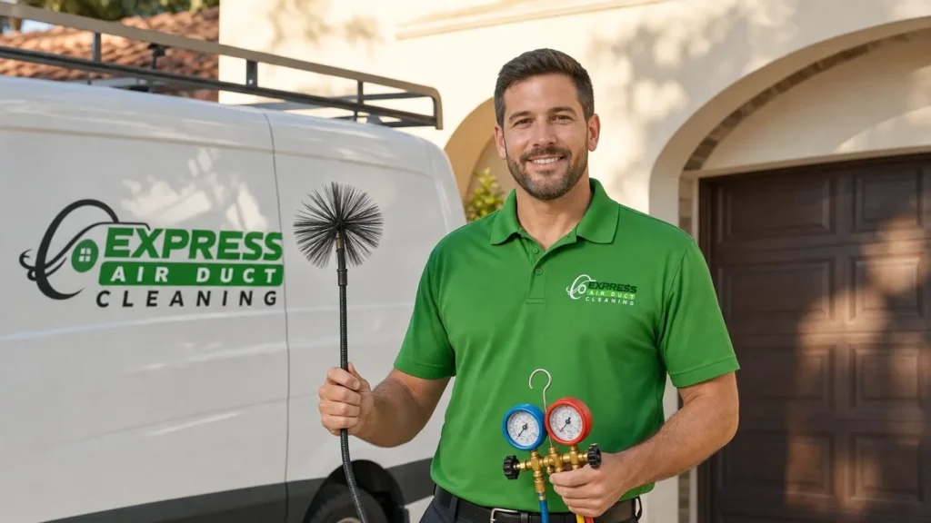 HVAC technician holds diagnostic gauges in front of service van at residential home.