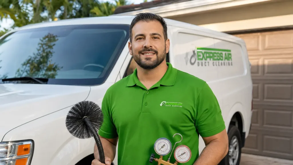 HVAC technician holds diagnostic gauges in front of service van.
