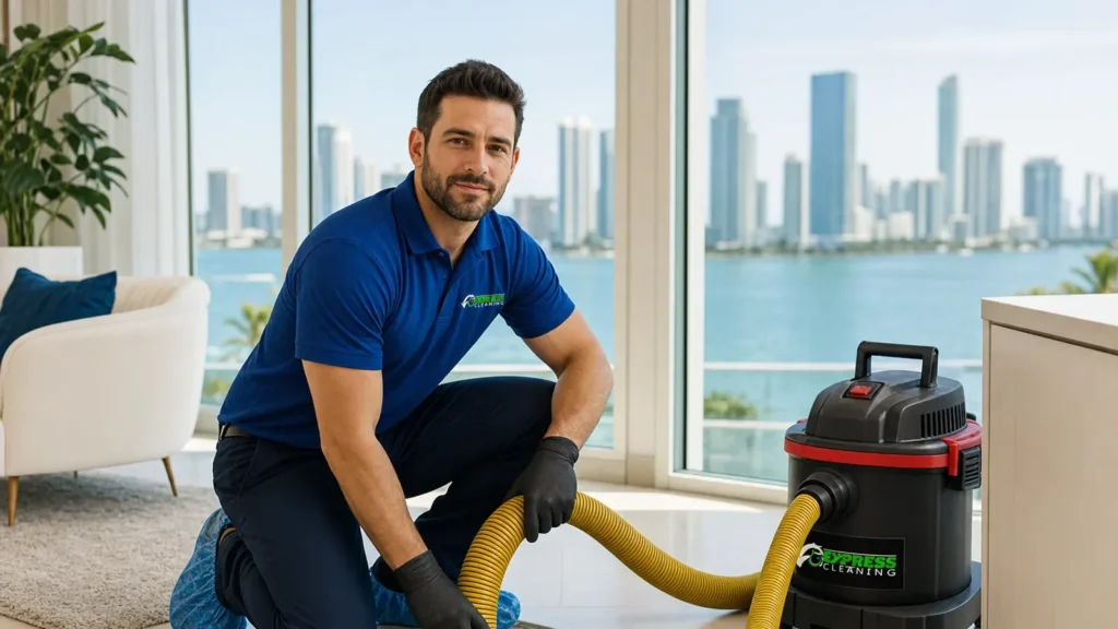 Professional cleaner poses with wet vacuum equipment in luxury waterfront apartment.