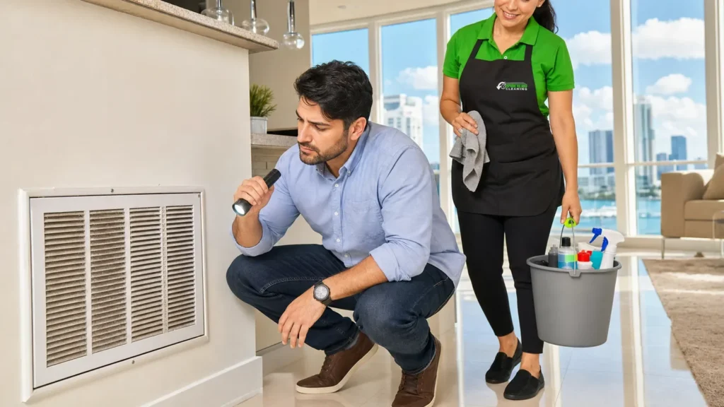 Professional inspector examines HVAC system while cleaning service staff assists with supplies.