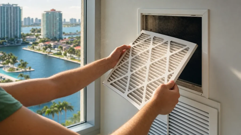 Person replacing a dirty HVAC filter in front of a scenic waterfront city view.